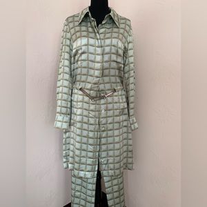 Chanel by Karl Lagerfeld green silk shirt dress and pants suit, fw 2000